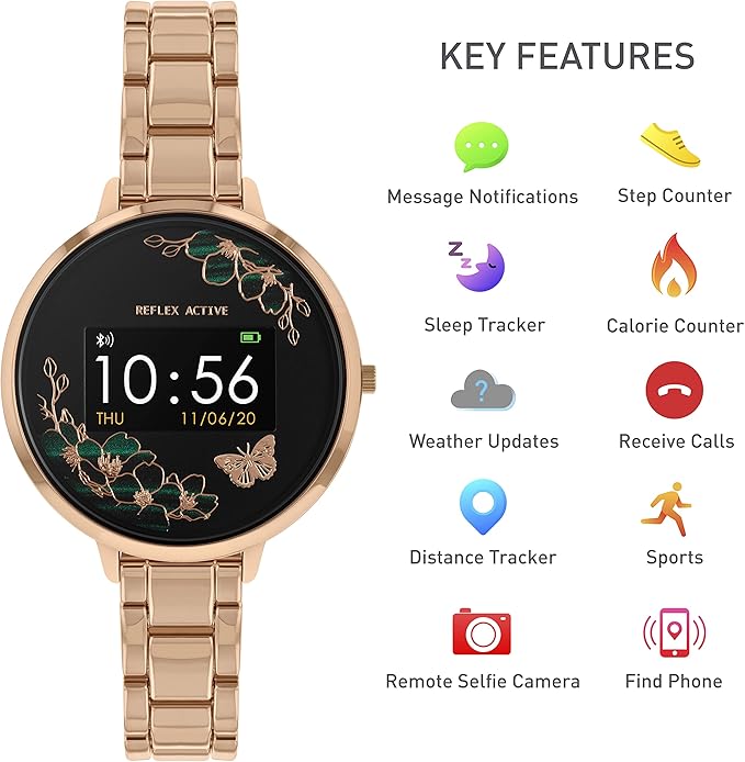 Rose gold smartwatch with black floral dial and key feature icons on white background