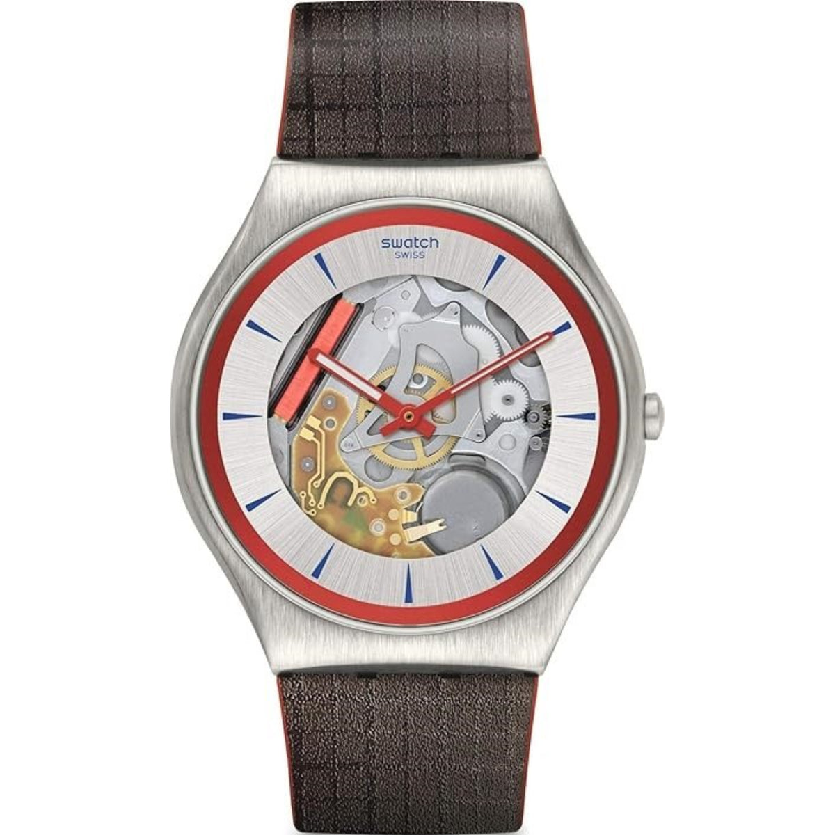 Men's silver-tone watch with dark brown leather strap and red/blue skeleton dial