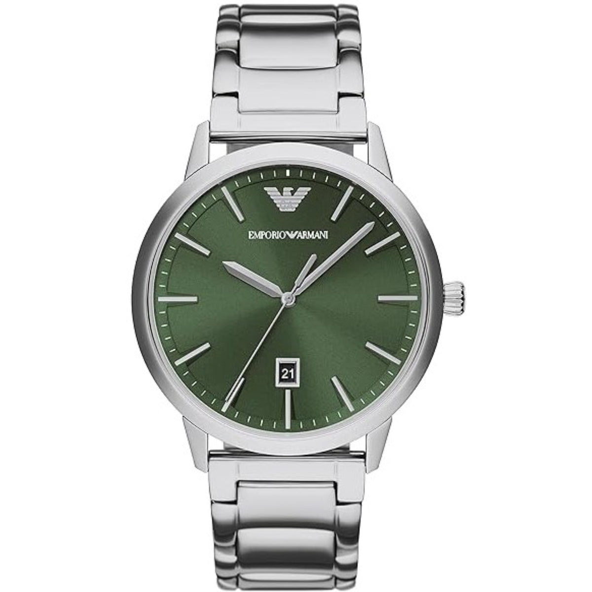 Men's steel quartz watch with green dial and date window on metal bracelet.