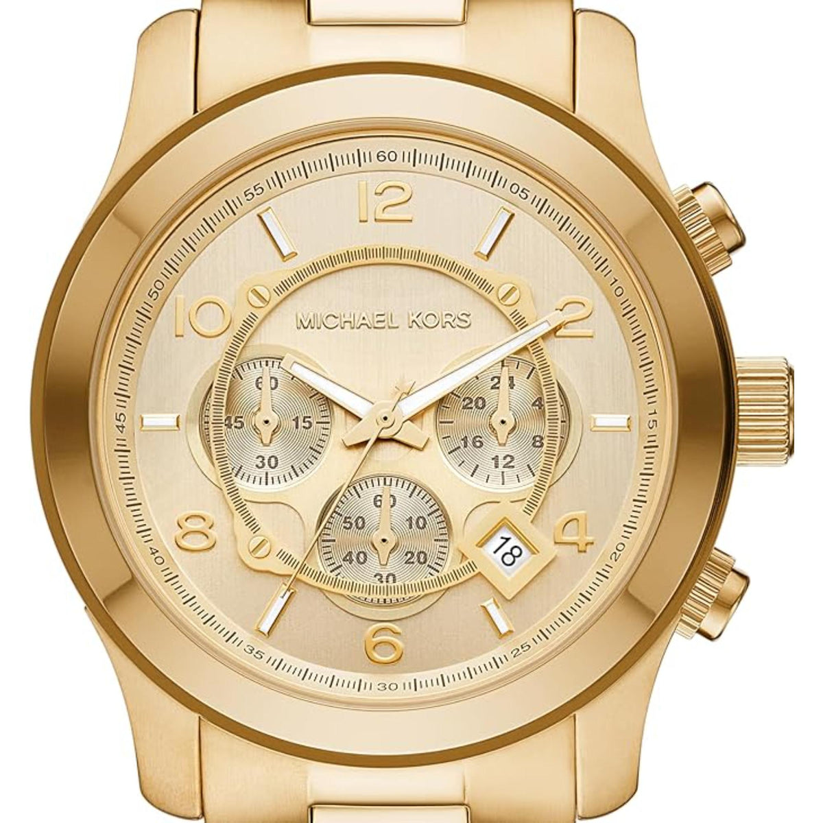 Gold chronograph dial with Roman numerals, three subdials, and crown on steel case.