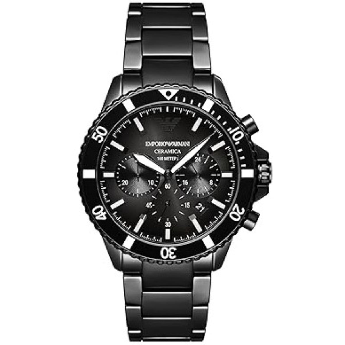 Men's black dial chronograph watch with black steel bracelet and subdials