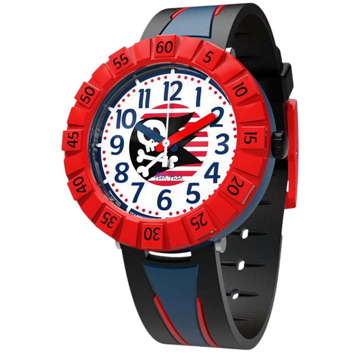 Kids blue-black plastic wristwatch with red bezel and skull sailor face