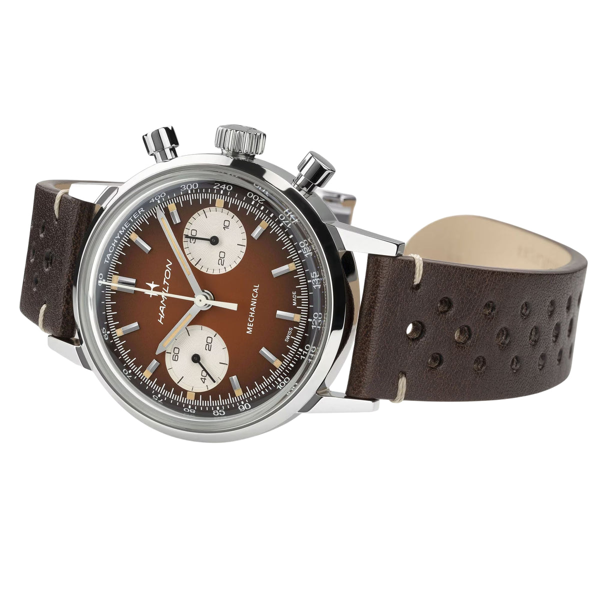 Hamilton mechanical chronograph watch with brown dial, two subdials, brown leather strap