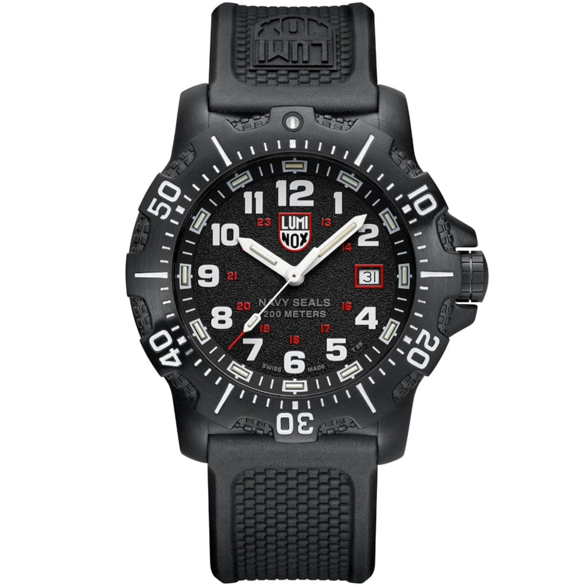 Men's Luminox Navy SEAL watch front view, black dial, rubber strap