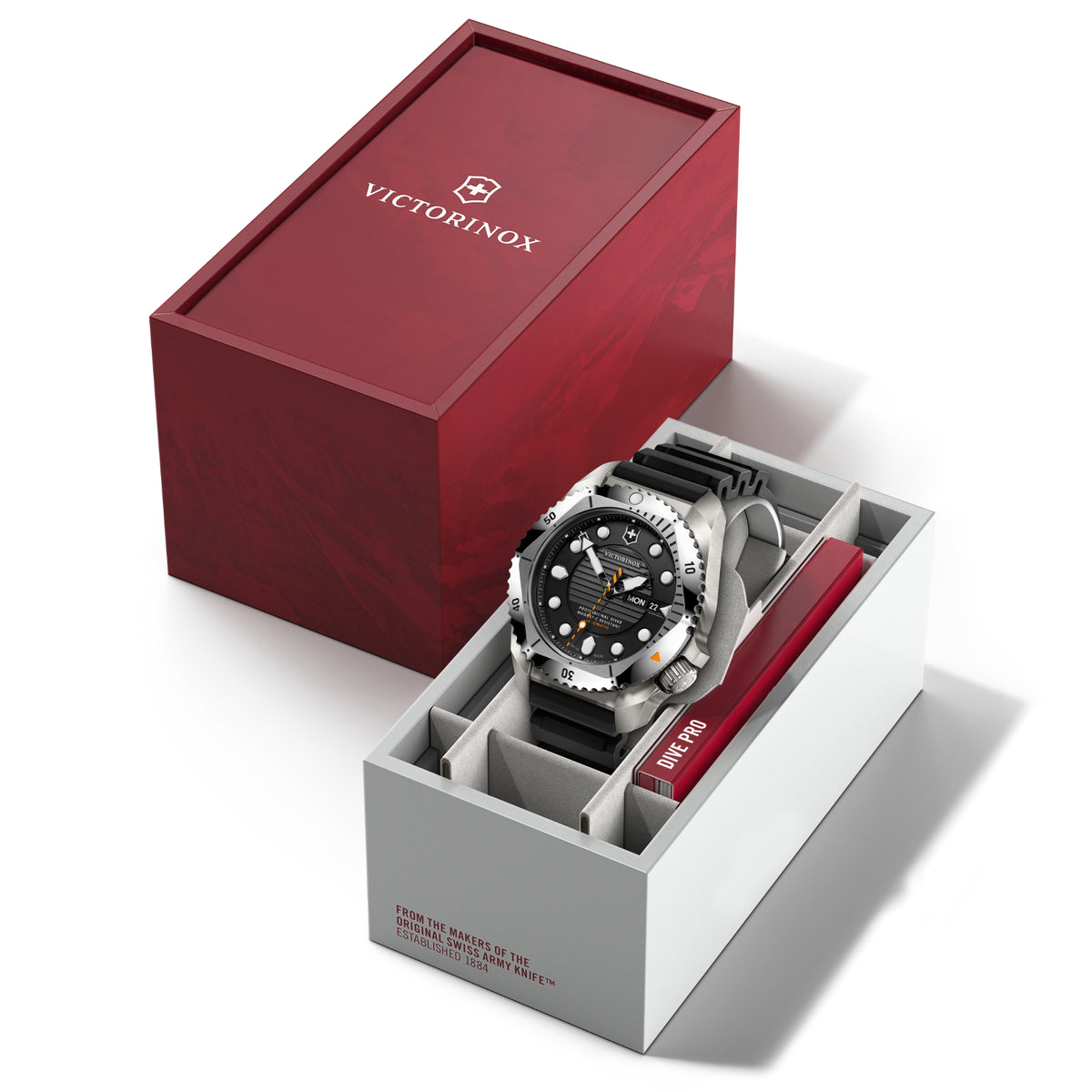 Men's automatic diving watch in open box with gray insert and red case cover