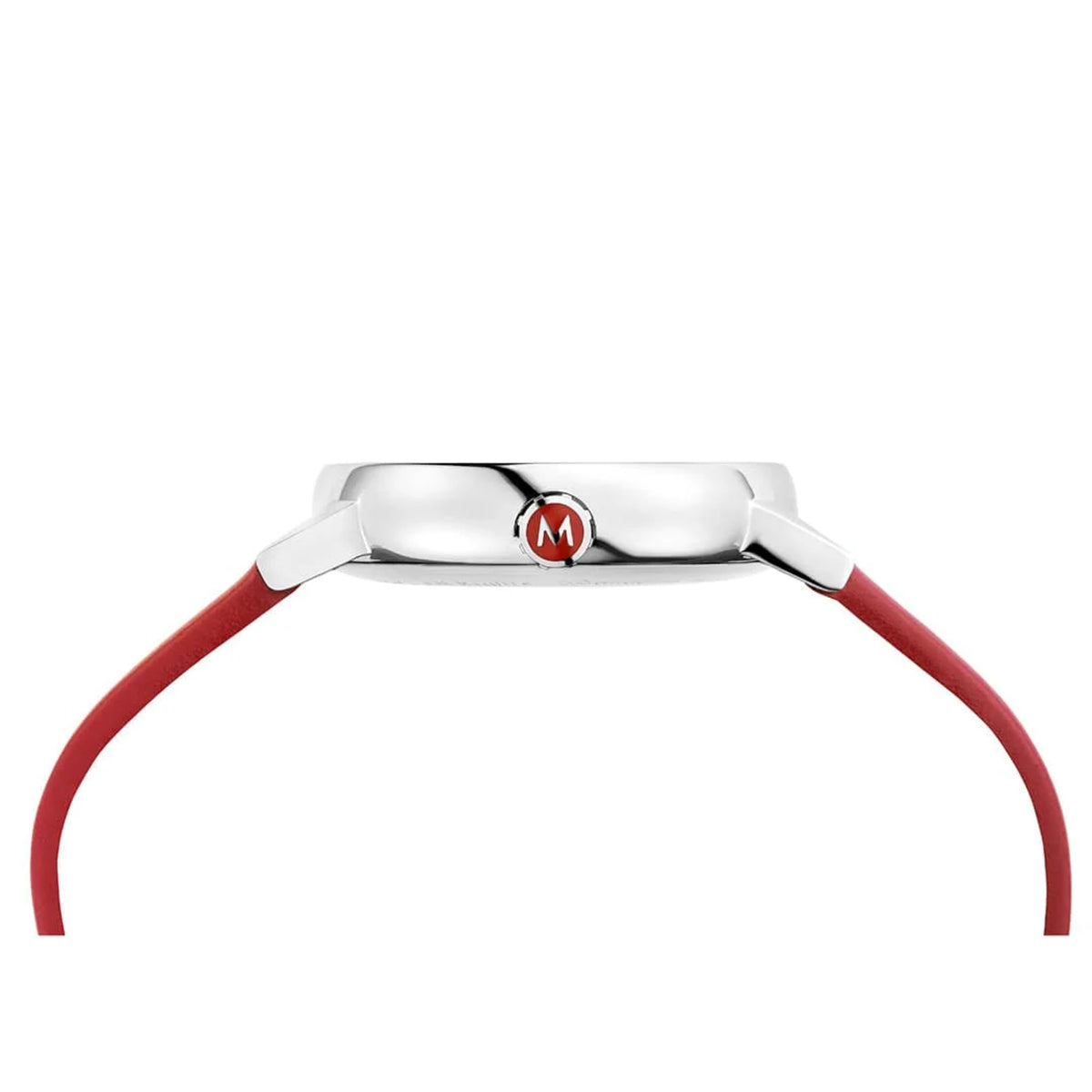 Mondaine Evo2 MSE.35110.LCV side profile showing slim case and red M logo crown