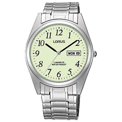 Men's metal bracelet watch with light green dial and day-date window