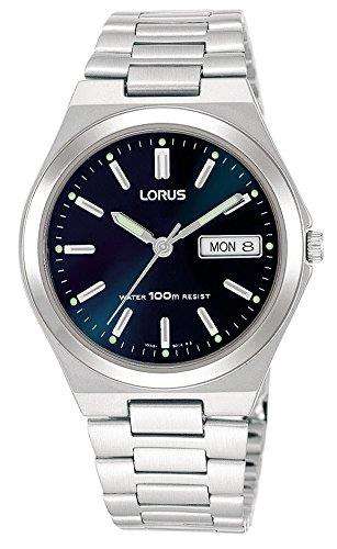 Lorus stainless steel men's watch with blue dial, date window, baton markers, 100m resistance.