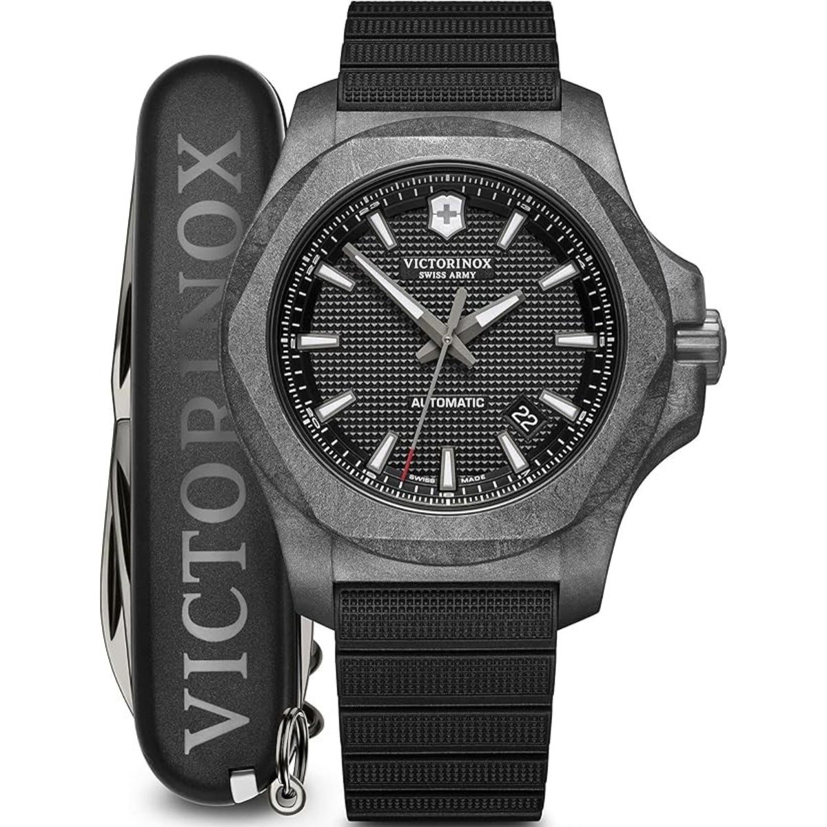 Victorinox I.N.O.X men’s mechanical watch with black carbon-style case, black strap, and dial.