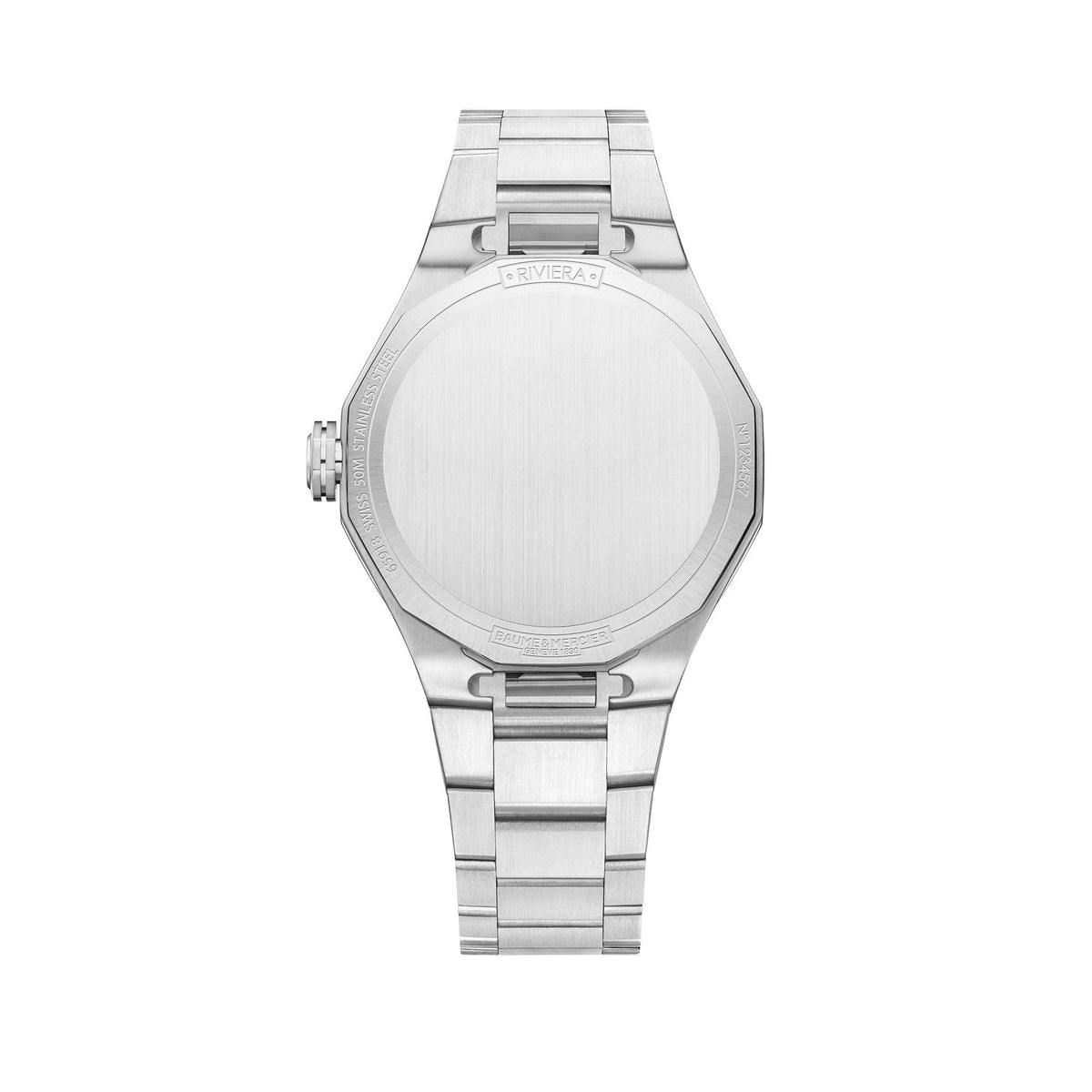 Women's stainless steel watch case back with textured bezel and metal link band