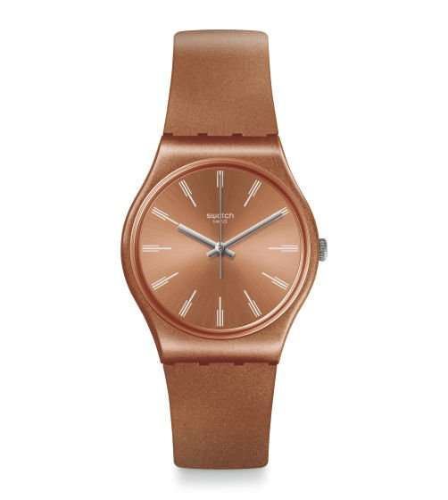 Orange dial wristwatch with stick markers and brown silicone strap