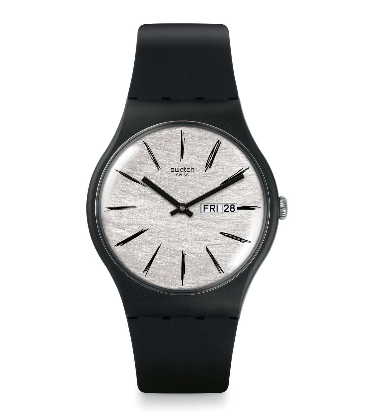 Round analog wristwatch, grey dial, black hands, FRI 28 marker, black rubber strap