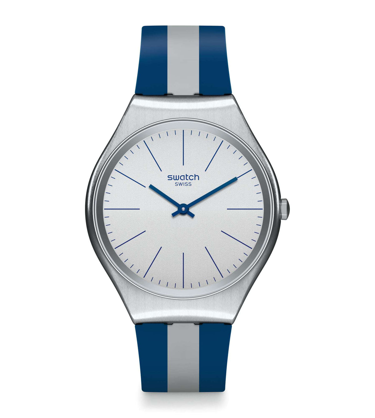 Grey dial wristwatch with blue and silver striped strap, round stainless case, analog hands