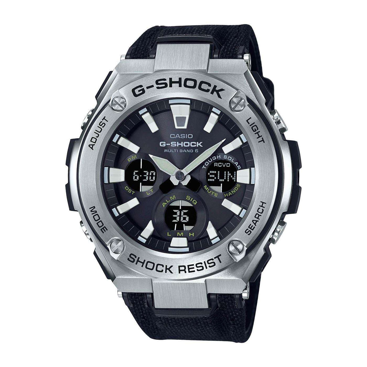 Men's Casio G-Shock G-Steel watch with dark dial, metal case, black leather strap