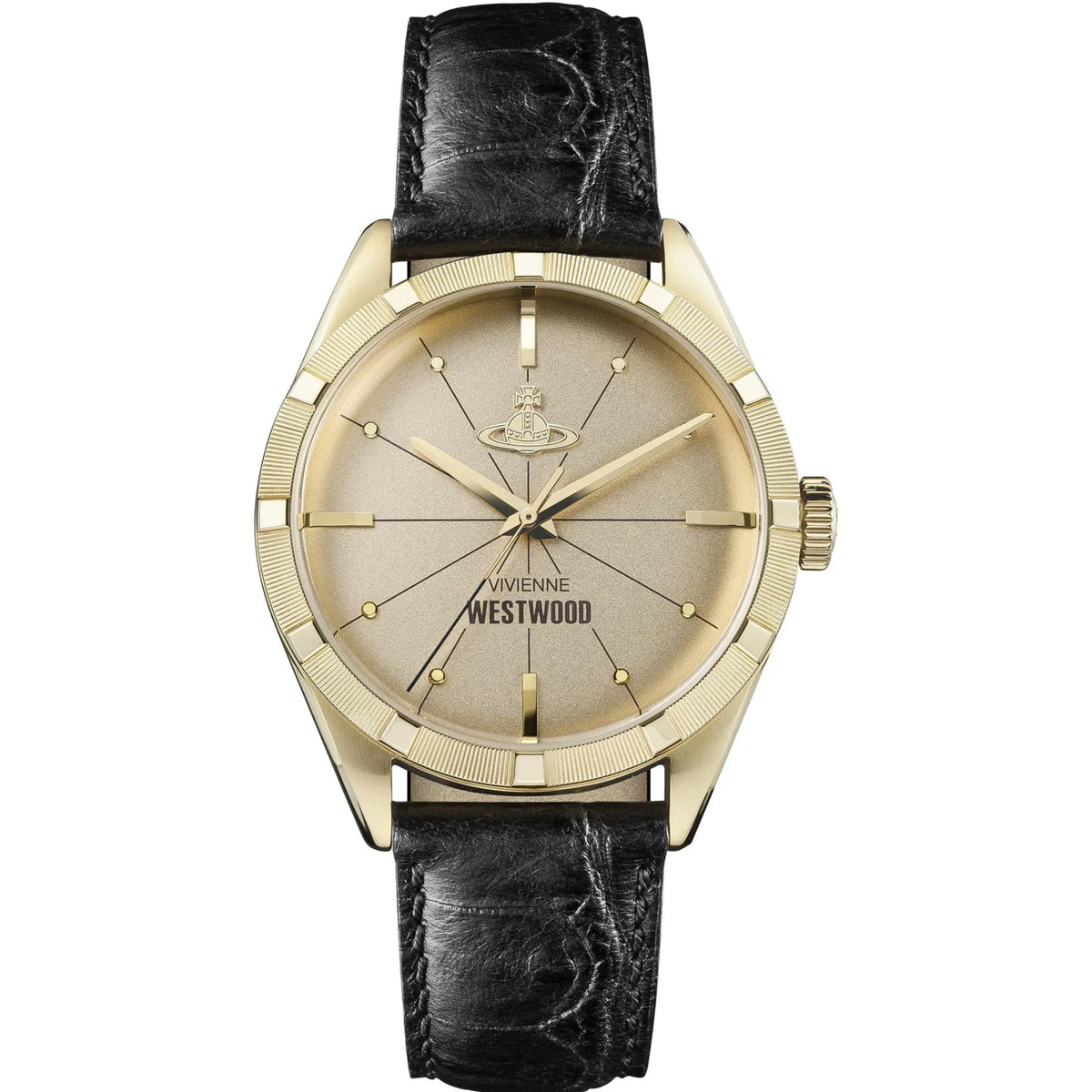 Men's gold-tone watch with black leather strap and gold dial with hands and markers