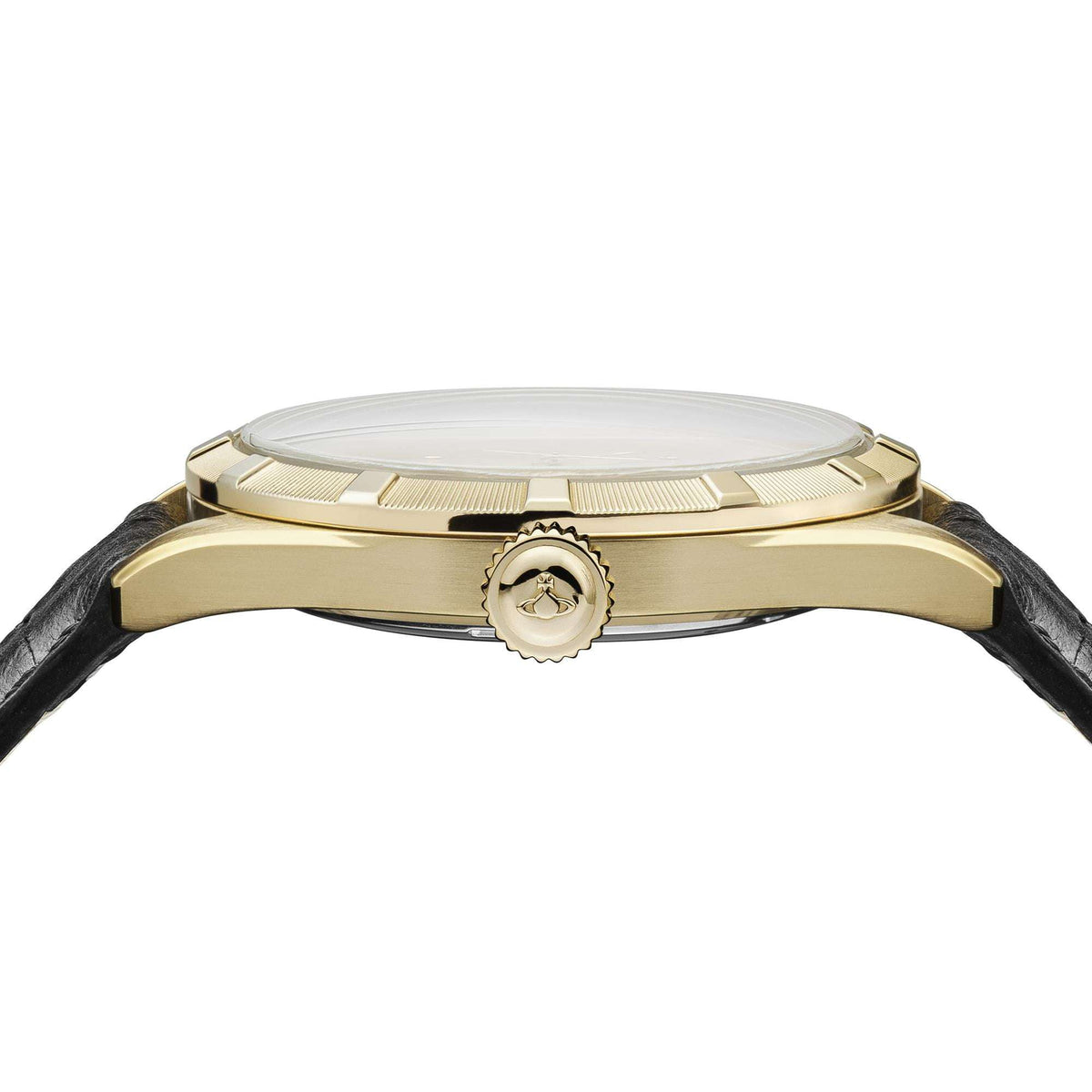 Gold-tone watch case with ridged bezel and crown, black leather strap