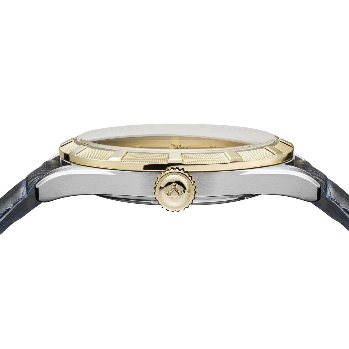 Men's wristwatch side view with gold accents, blue leather strap, and visible crown