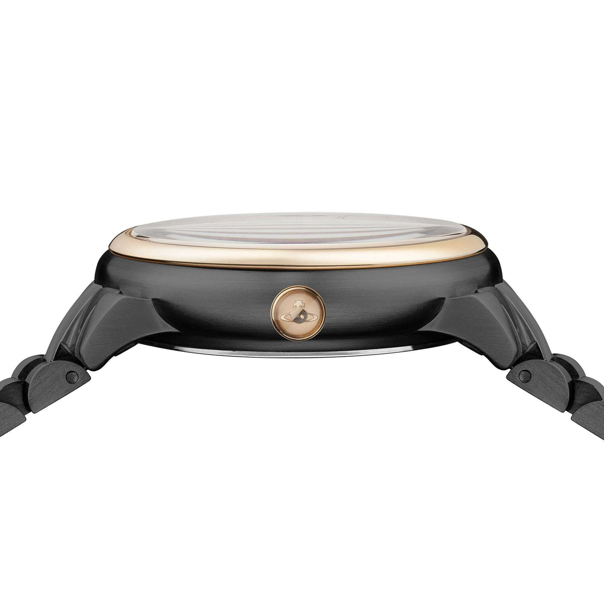 Vivienne Westwood watch with black case, rose-gold bezel ring, and domed crystal
