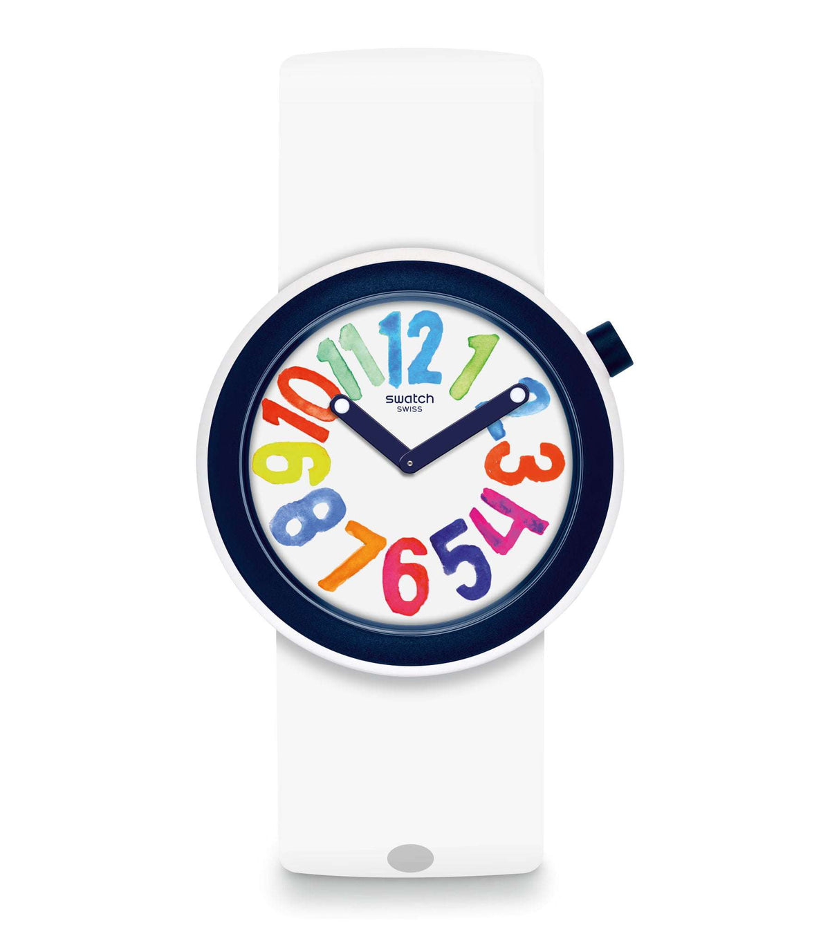 Popnumber wristwatch with white dial and multicolor number graphics, white silicone strap