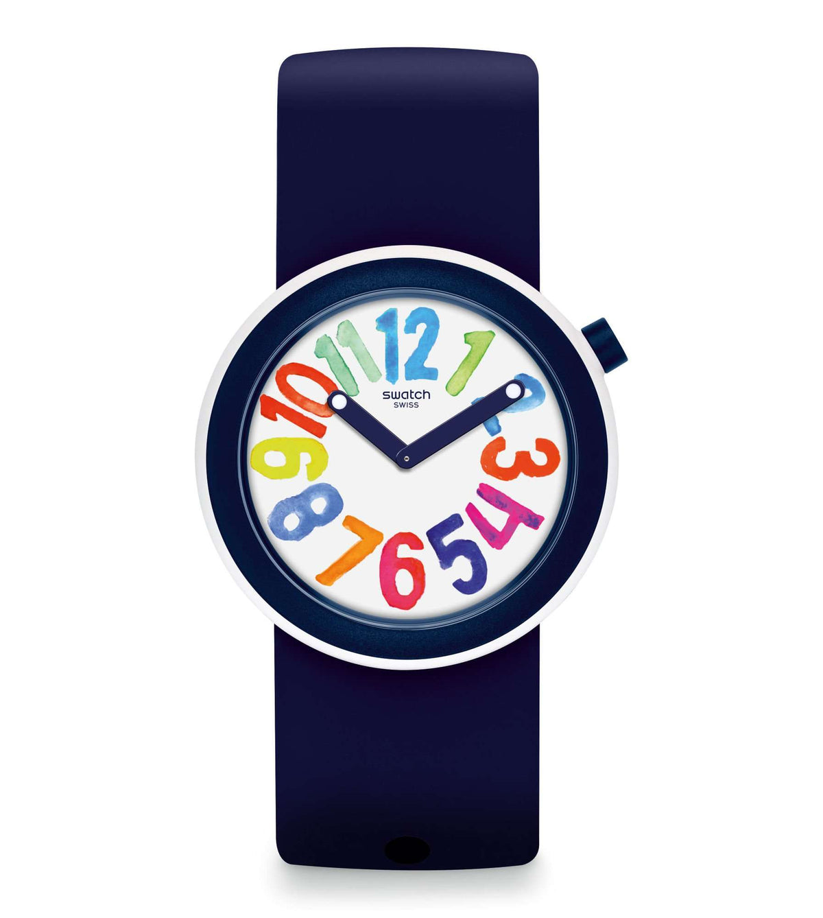 Popnumber wristwatch with white dial and multicolor number graphics, navy silicone strap