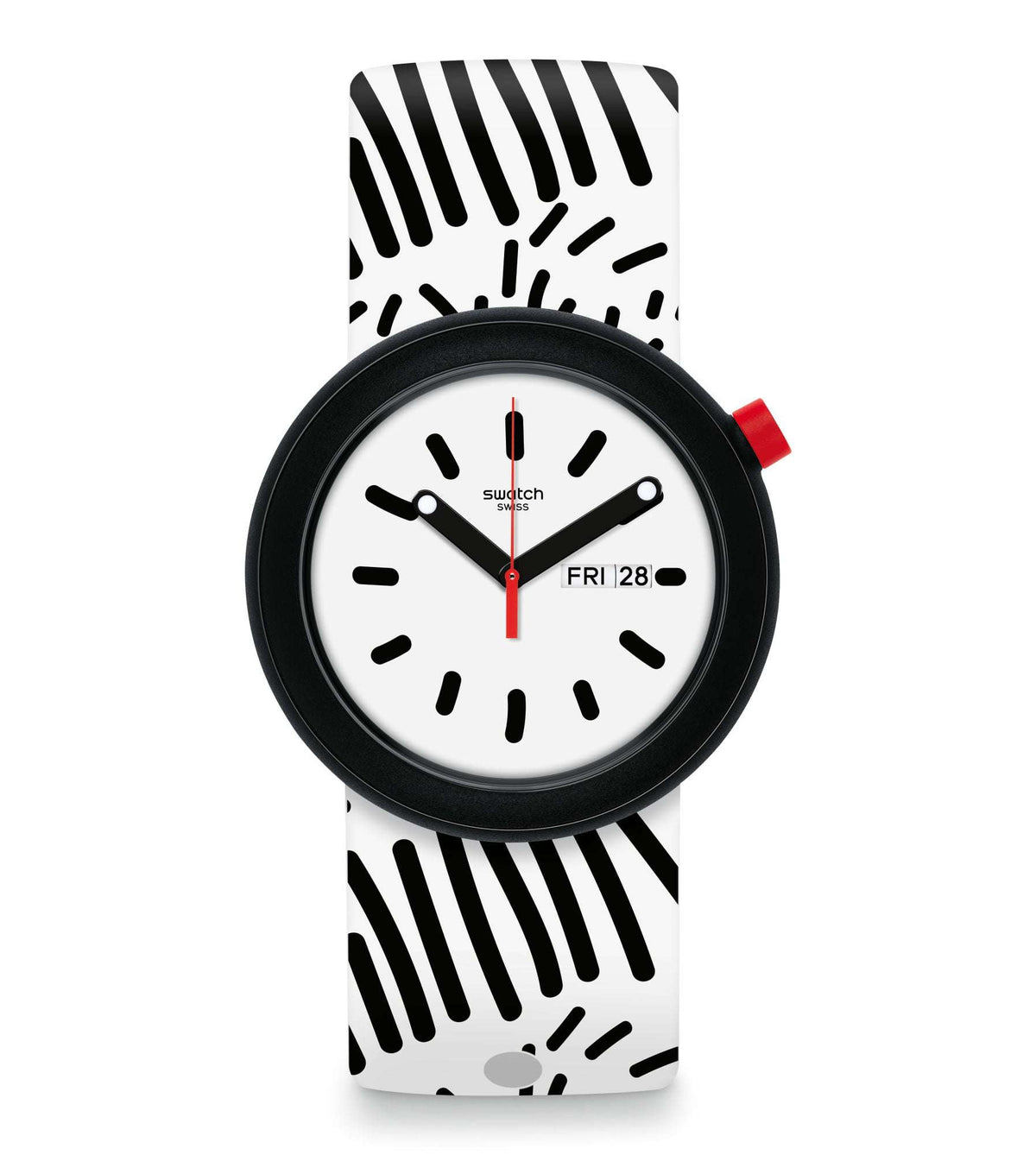 Swatch polkapop wrist watch with white dial and black striped strap