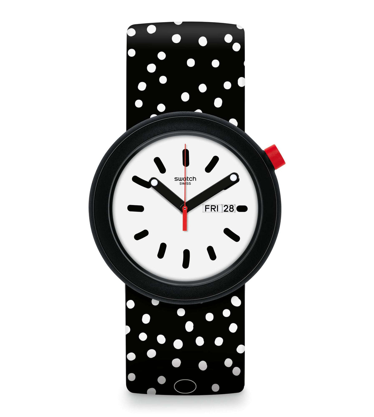 Swatch polkapop wrist watch with white dial and black polka-dot strap