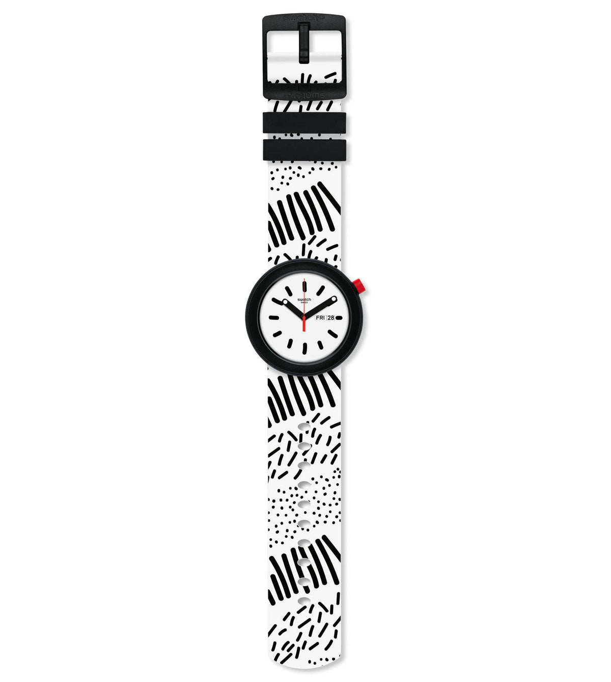 Swatch polkapop wrist watch with white dial and black striped strap, top buckle