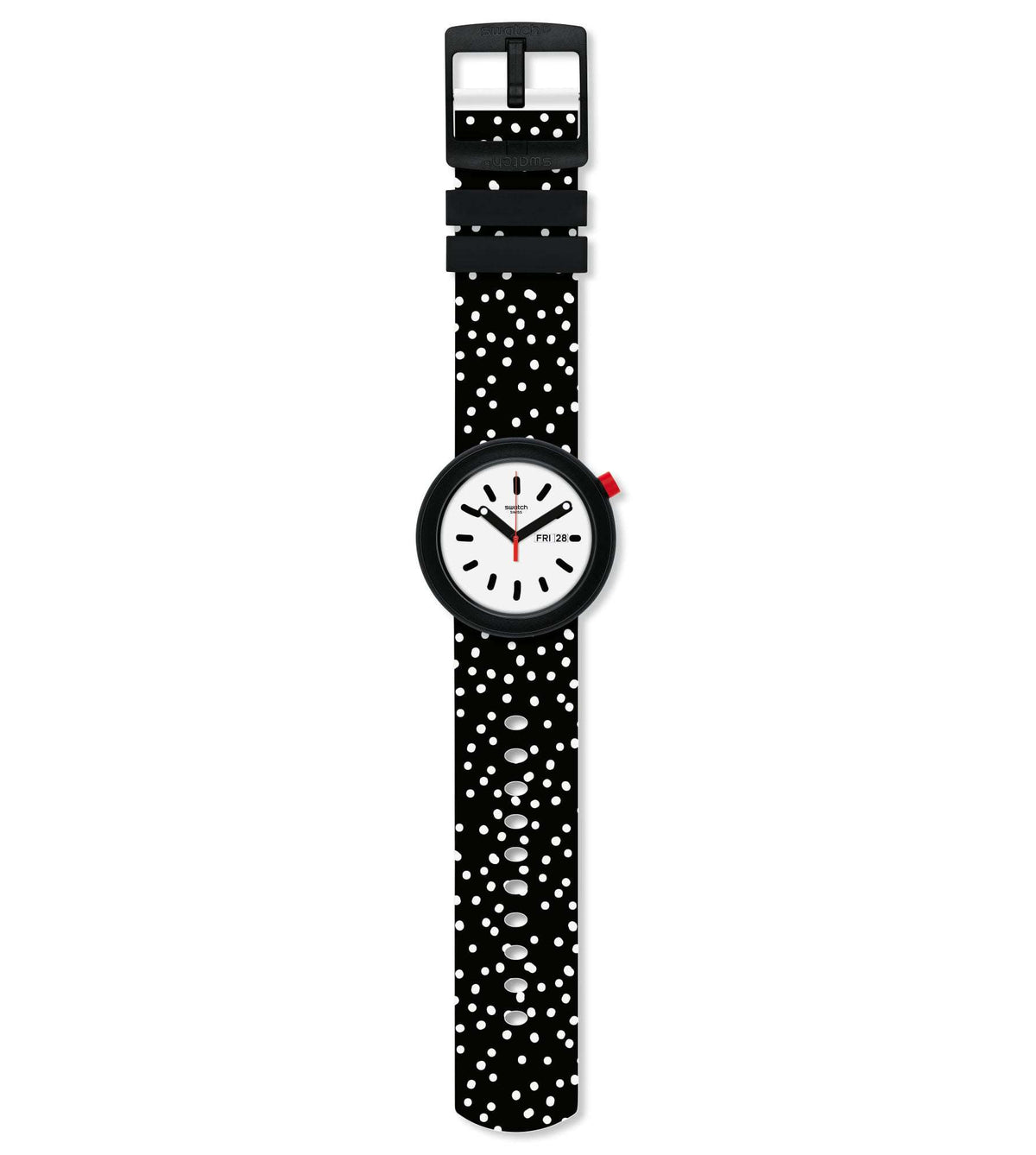 Swatch polkapop wrist watch with white dial and black polka-dot strap, top buckle