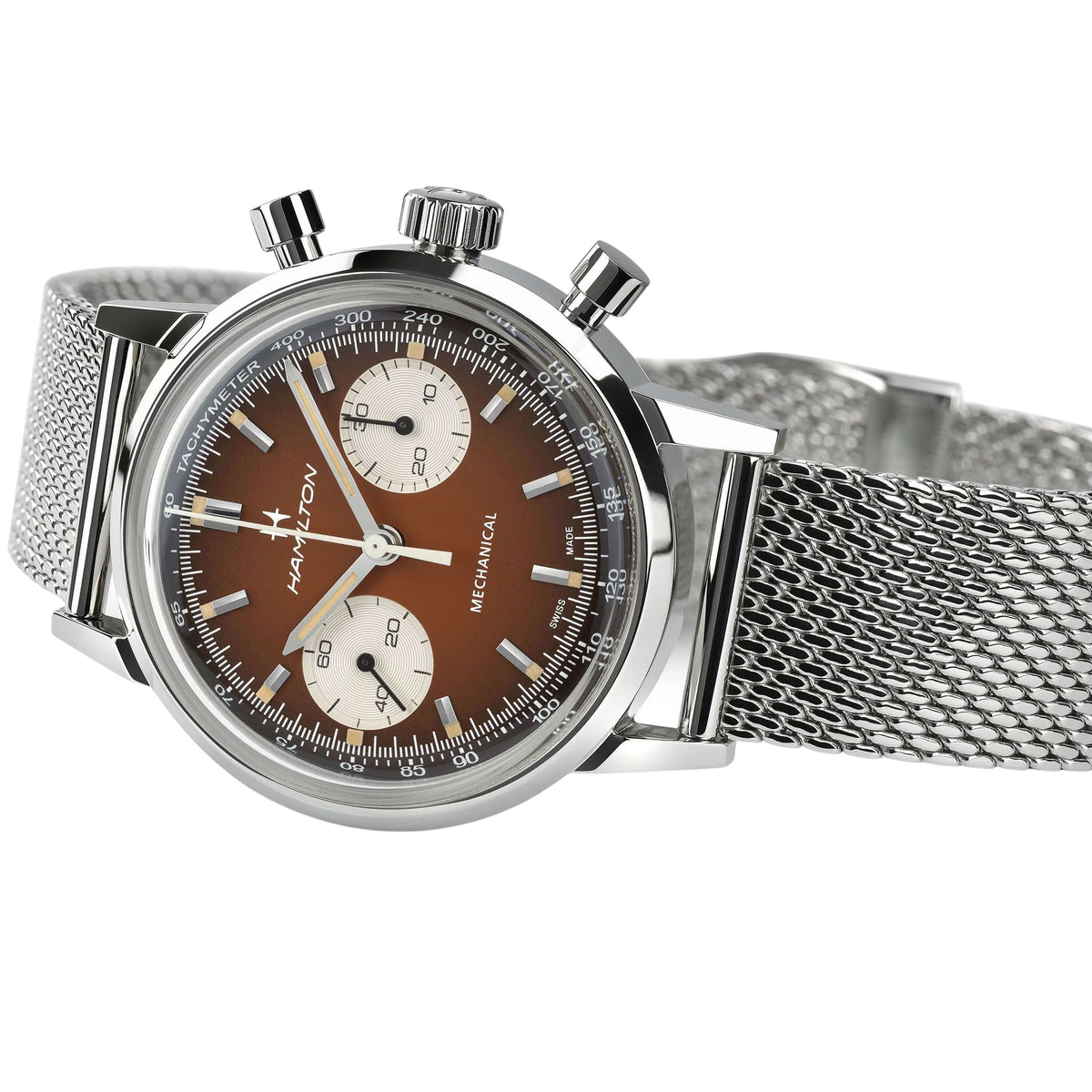 Hamilton 40mm chronograph watch with brown dial, silver case, and mesh metal bracelet