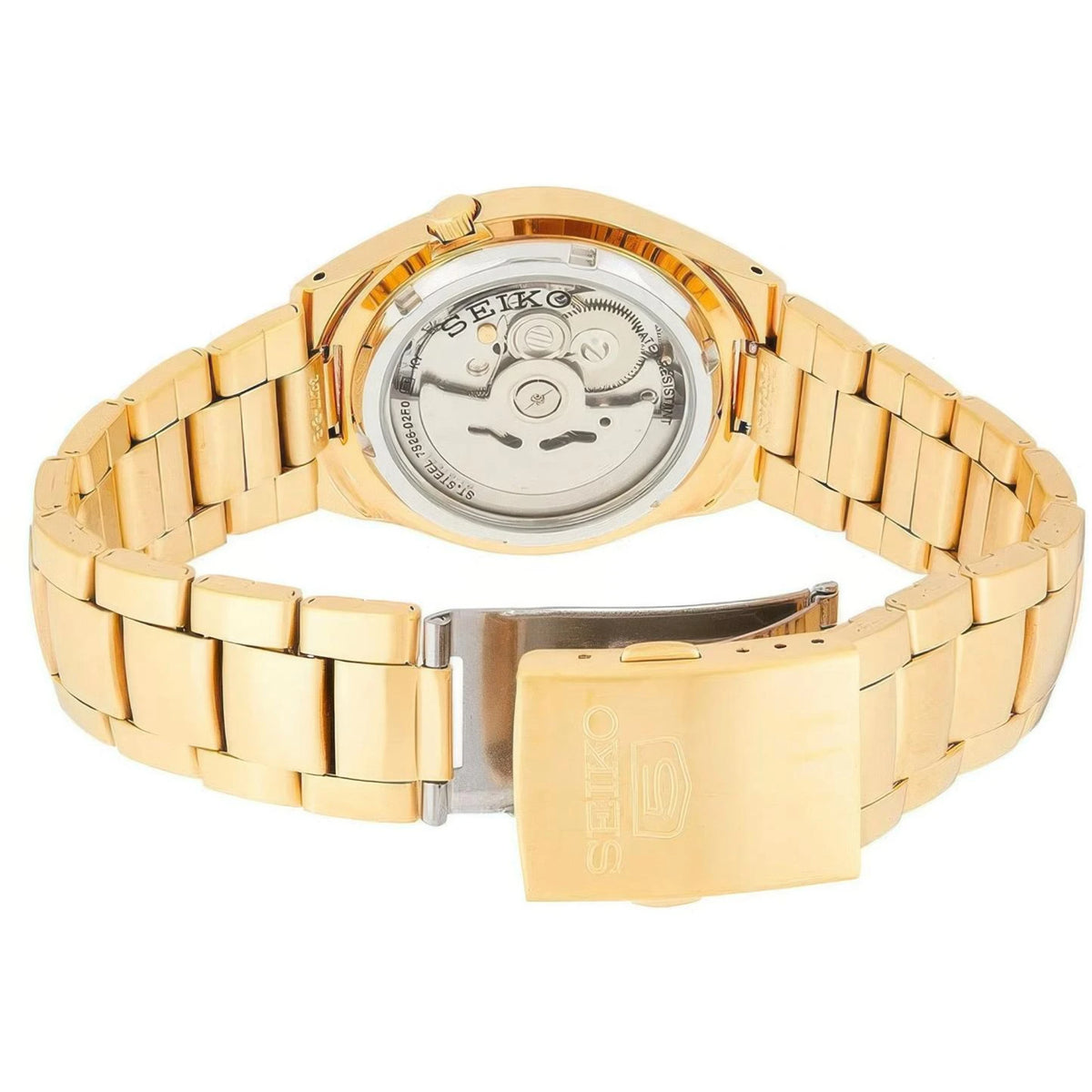 Gold-tone steel watch with bracelet, open back revealing mechanical movement