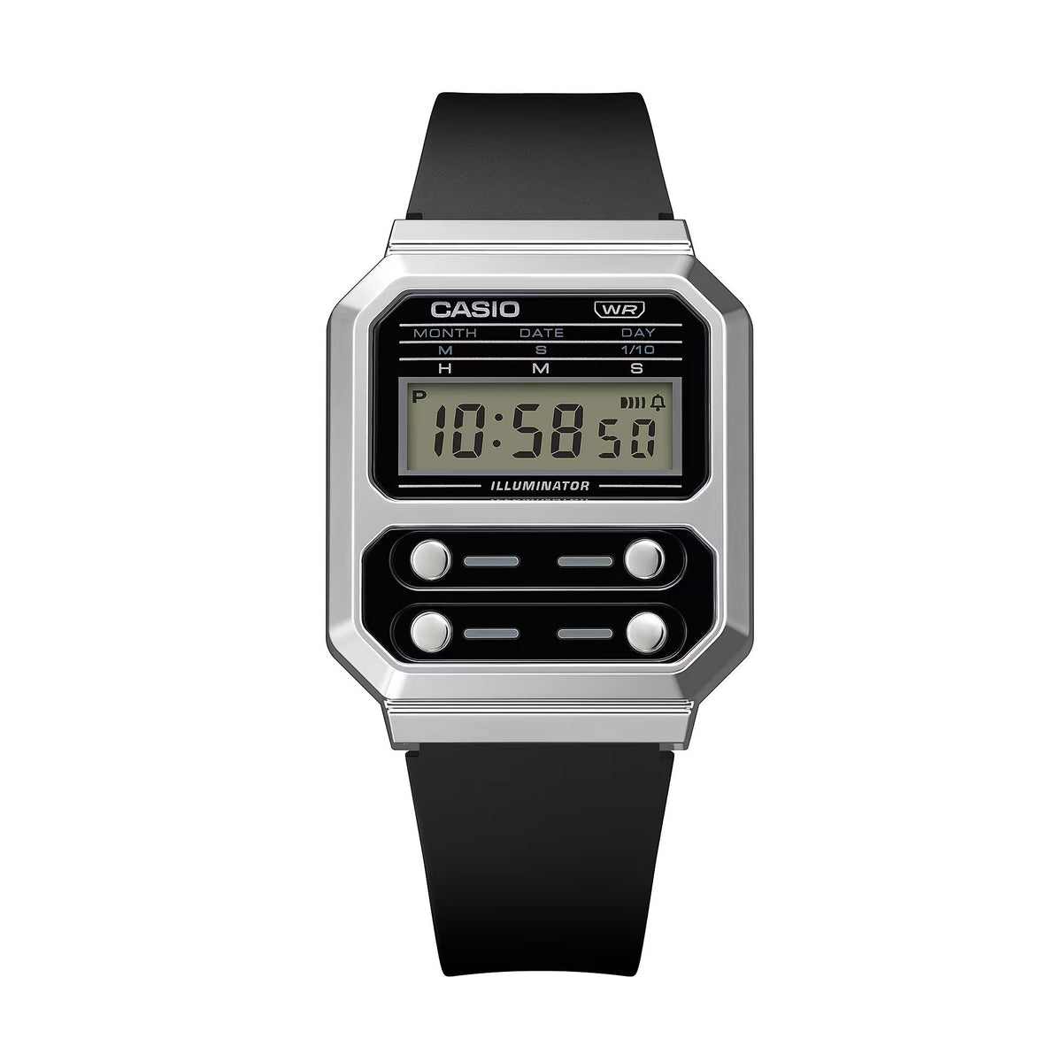 Casio vintage digital watch with black resin strap, silver octagonal case, LCD time display