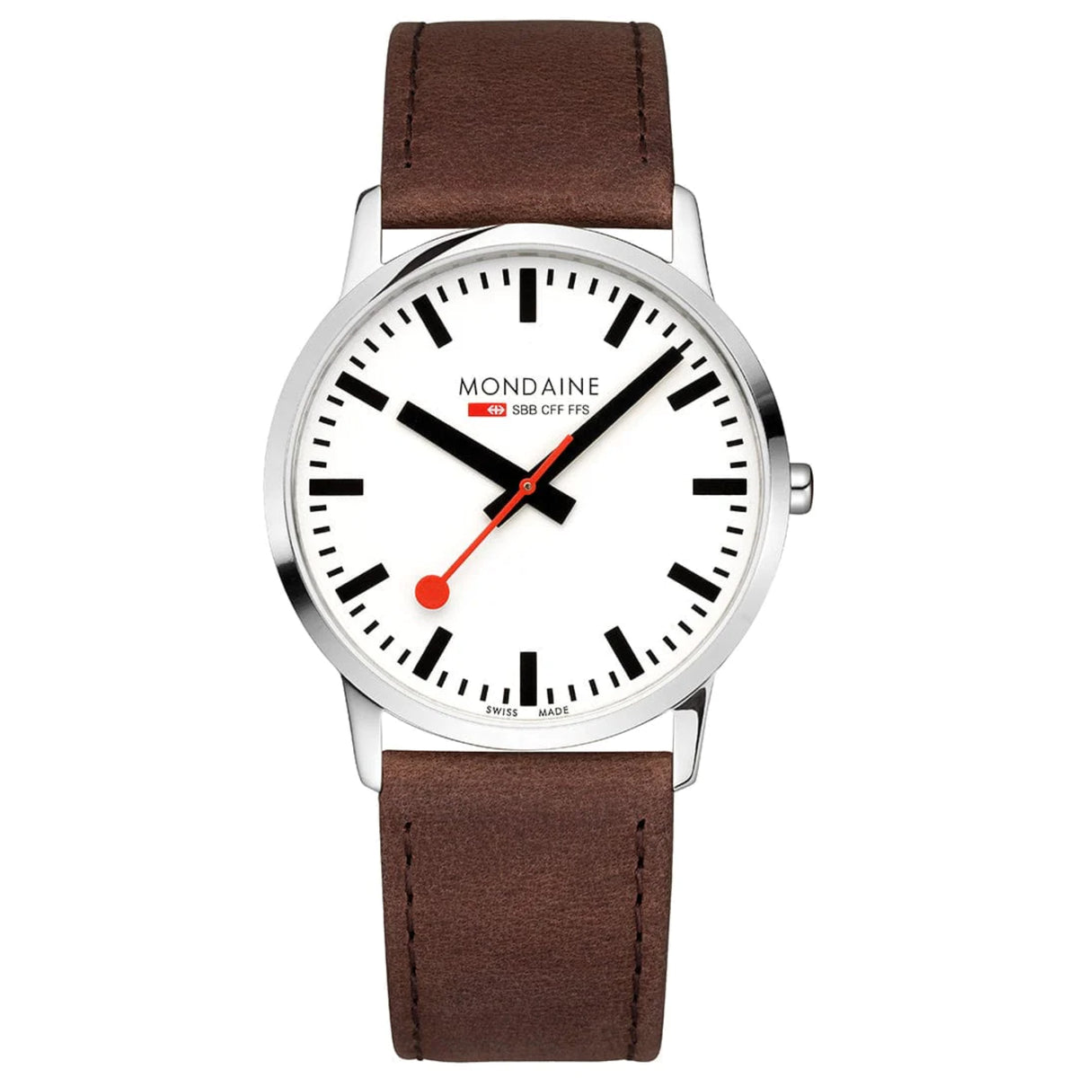 Men's watch front view with white dial, black markers, red accents, brown leather strap