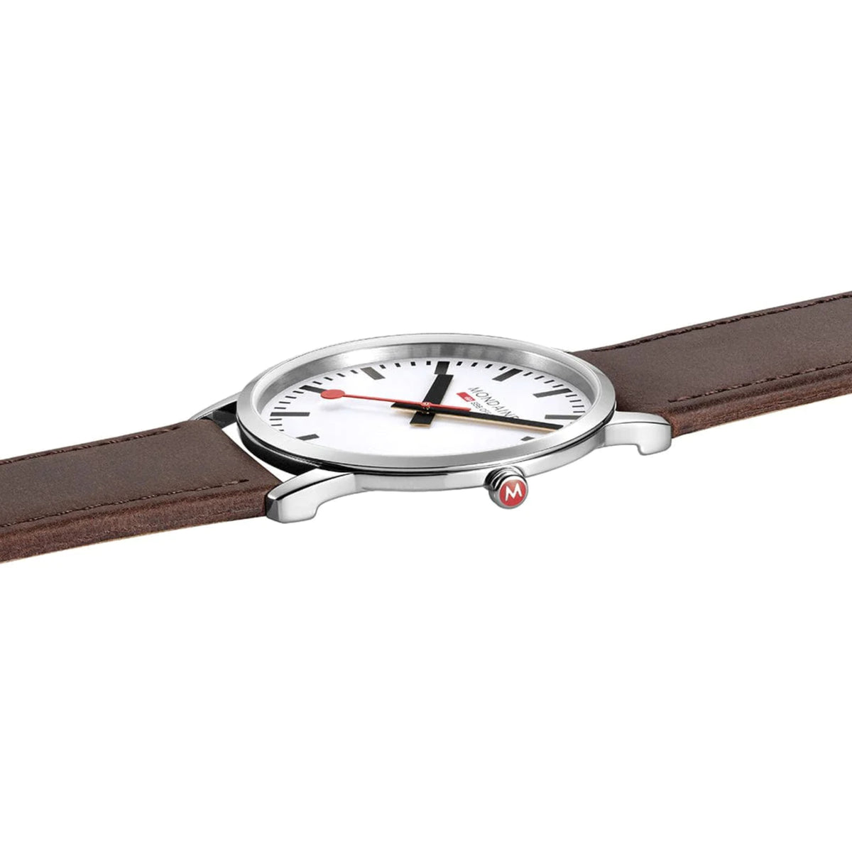 Men's wristwatch with white dial, steel case, brown leather strap and red second hand