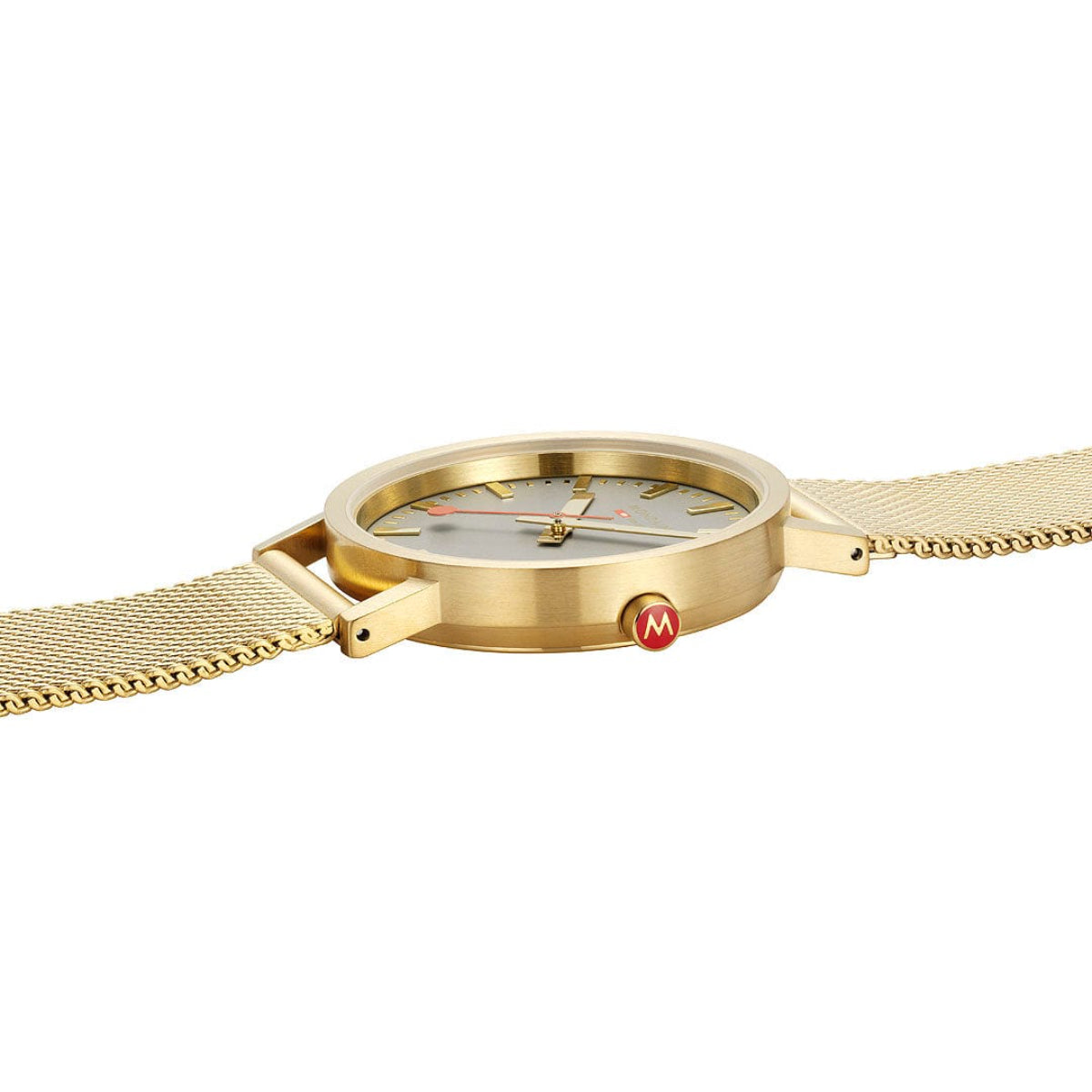 Gold-tone round quartz watch with gray dial and chain-mesh strap