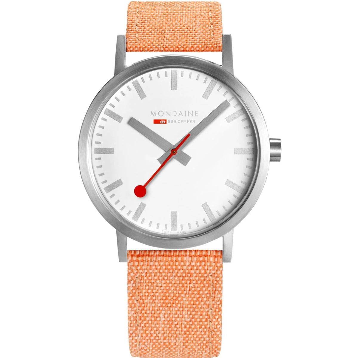 Silver case classic quartz watch with white dial, red second hand, orange textile strap