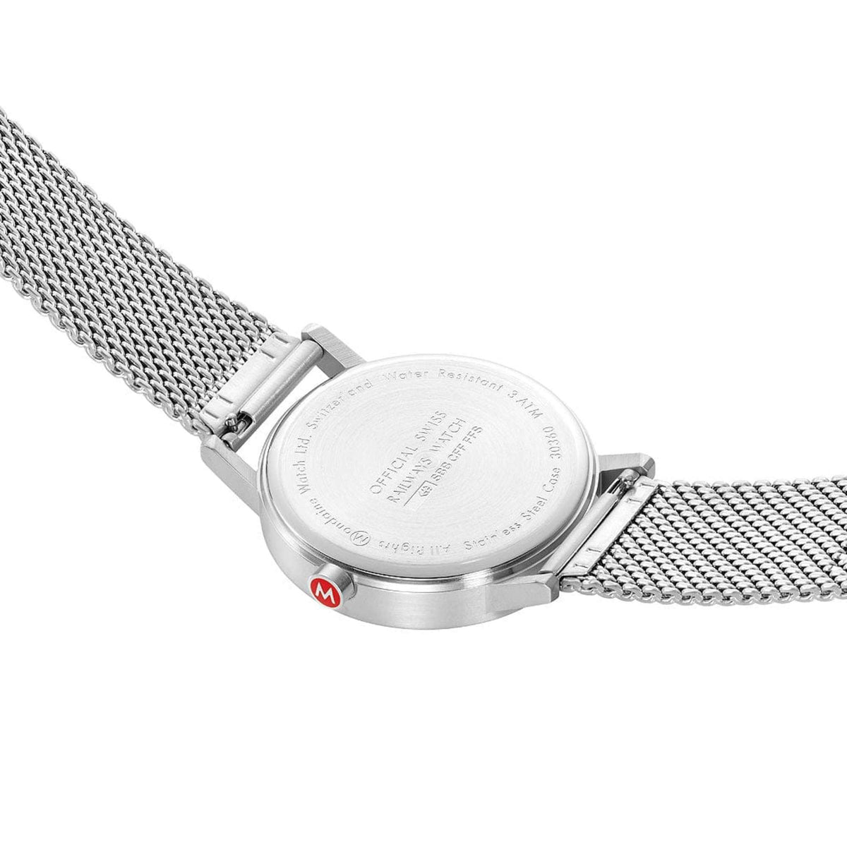 Stainless steel caseback on silver metal mesh bracelet watch, angled underside view