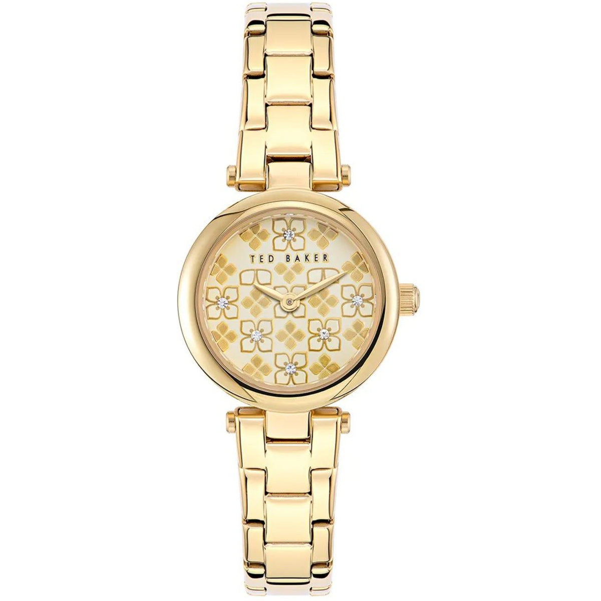 Gold-tone ladies wristwatch with round floral dial and linked metal bracelet