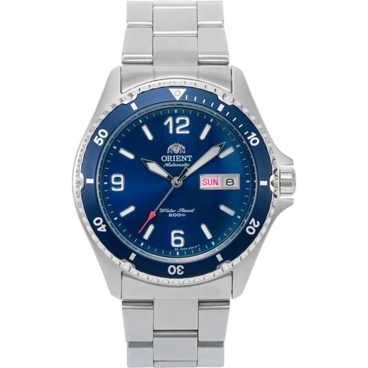 Men's automatic watch with blue dial, steel bracelet, and day/date window at 3 o'clock