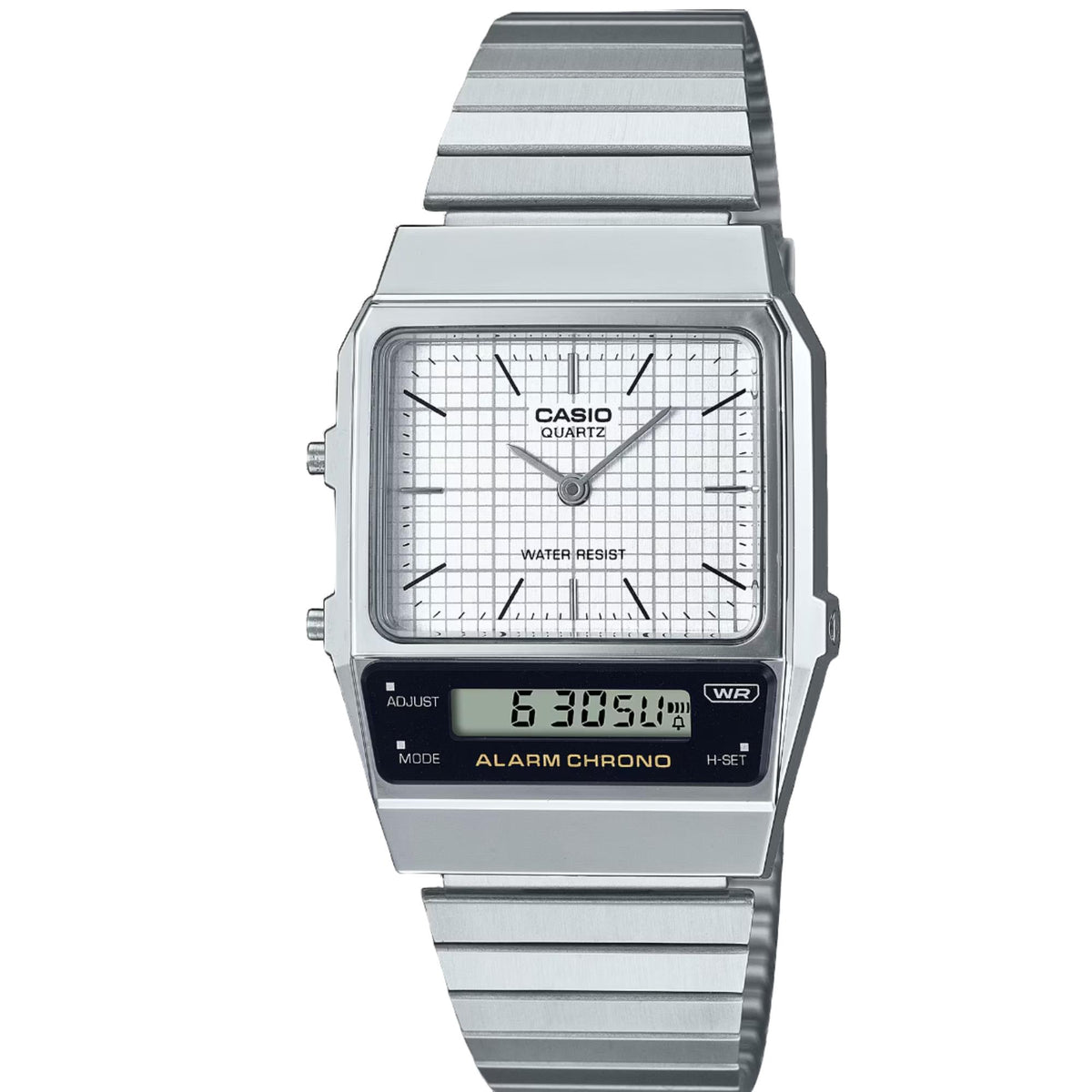 Casio Vintage Edgy AQ-800E-7AEF quartz watch featuring a white grid-patterned main face, lower digital screen display, and rectangular silver steel case