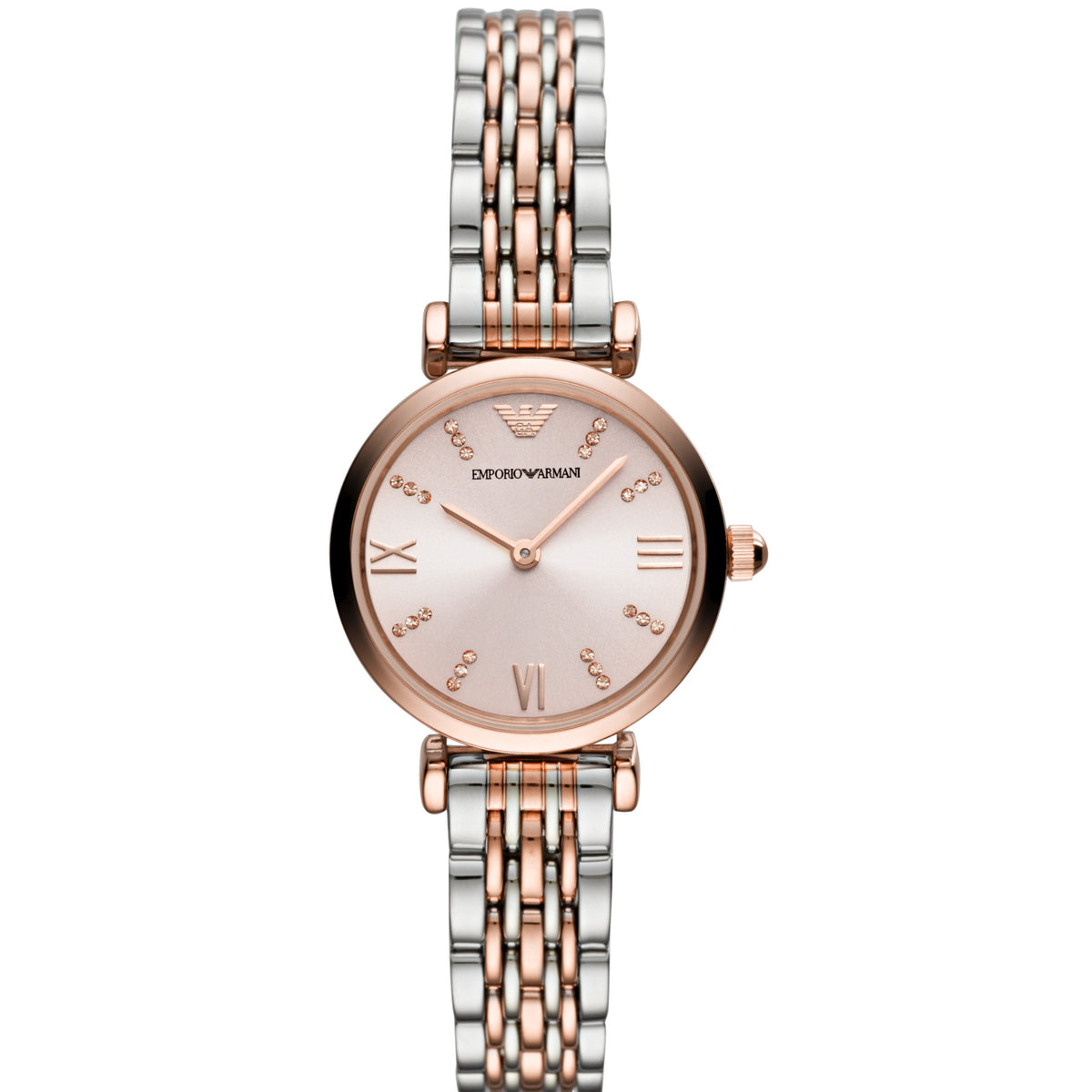 Ladies quartz watch with pink dial and two-tone steel link bracelet, Roman numerals