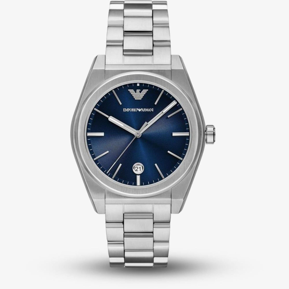 Emporio Armani Federico AR11620 front view showing blue dial with date window and steel bracelet