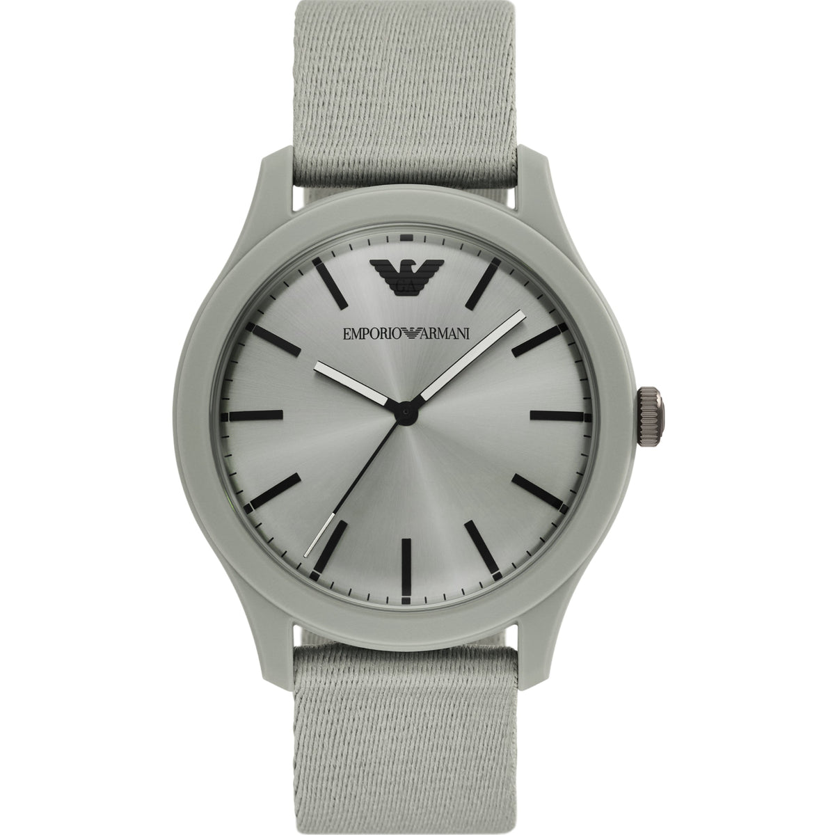 Men's quartz wrist watch with light gray dial and gray fabric strap, 45mm case