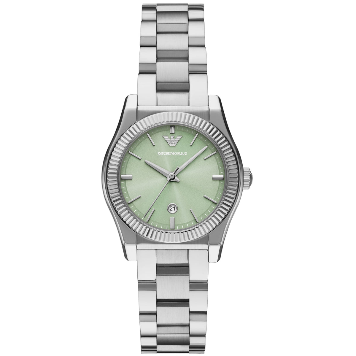Emporio Armani Federica AR11656 front view displaying green dial with fluted bezel and steel bracelet