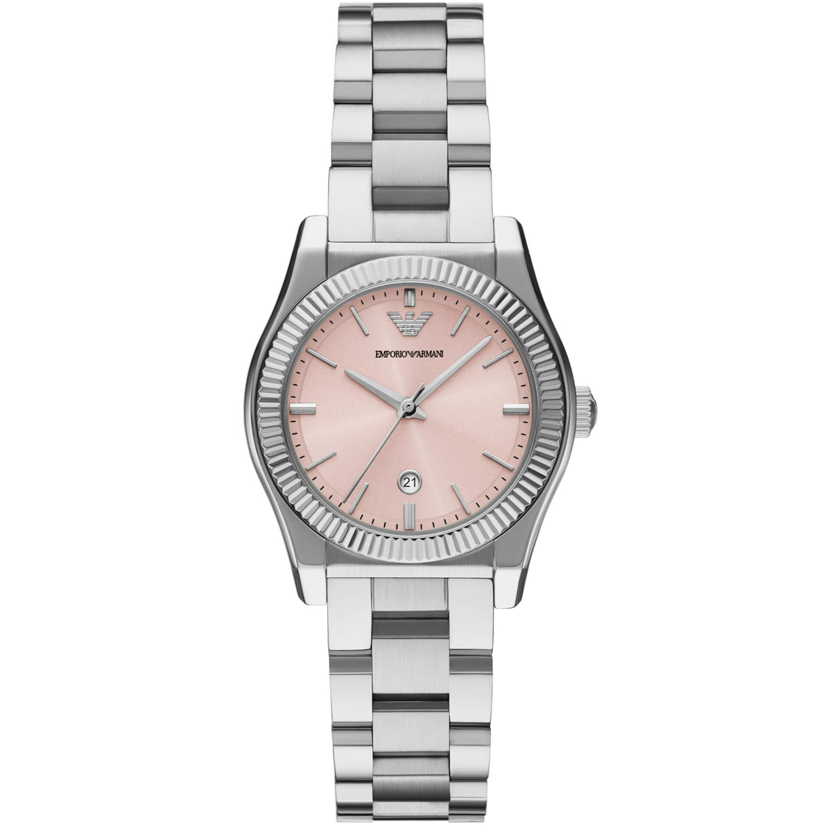 Emporio Armani Federica AR11658 ladies quartz watch featuring a sunray pink dial, fluted bezel, date window, and stainless steel link bracelet