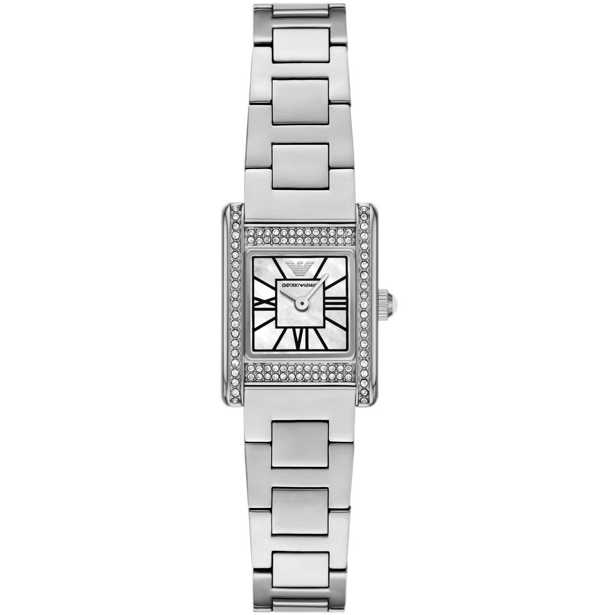 Emporio Armani Genni AR11662 ladies quartz watch featuring a mother of pearl dial, rectangular crystal-set case, and silver-tone link bracelet