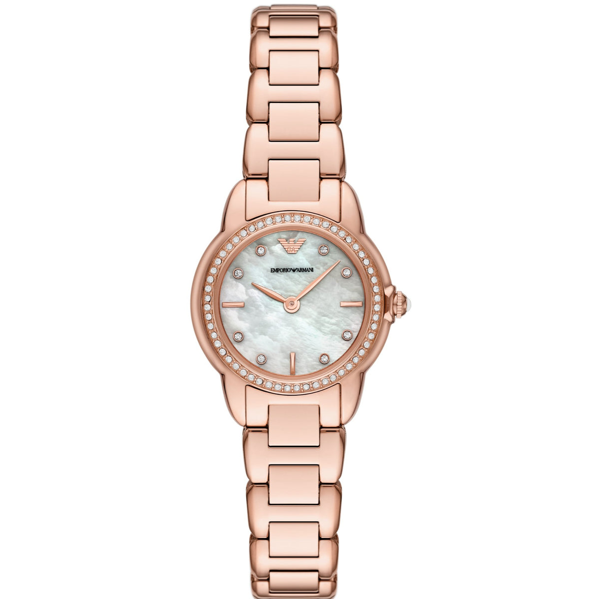 Rose gold tone quartz wristwatch with mother-of-pearl dial, crystal bezel, metal bracelet
