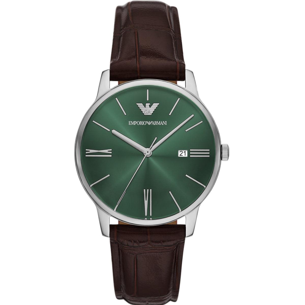 Emporio Armani Minimalist AR11672 mens quartz watch featuring a green dial, silver-tone case, and brown leather strap