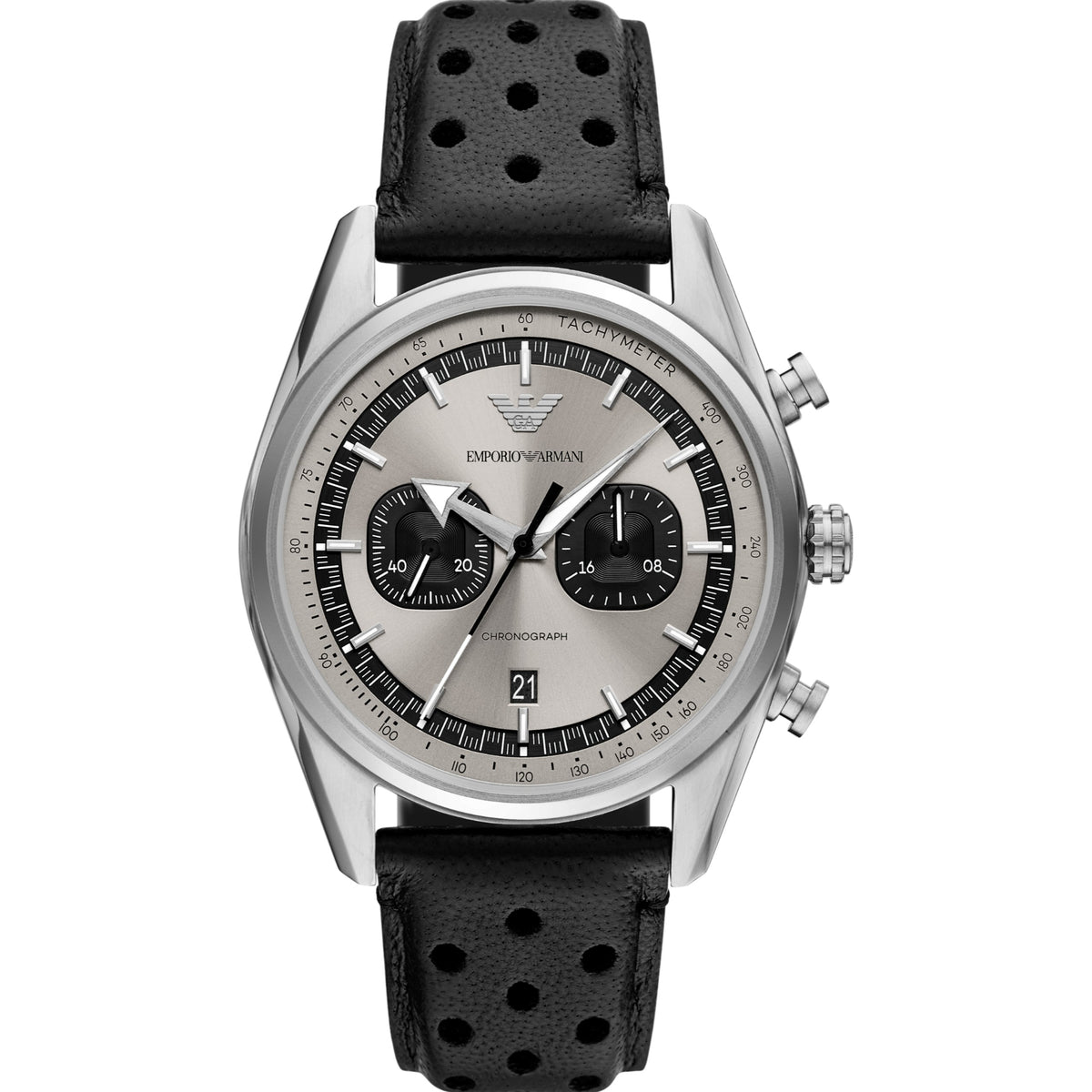 Emporio Armani Gianni T-Bar AR11677 front view displaying grey dial with dual subdials and perforated leather strap
