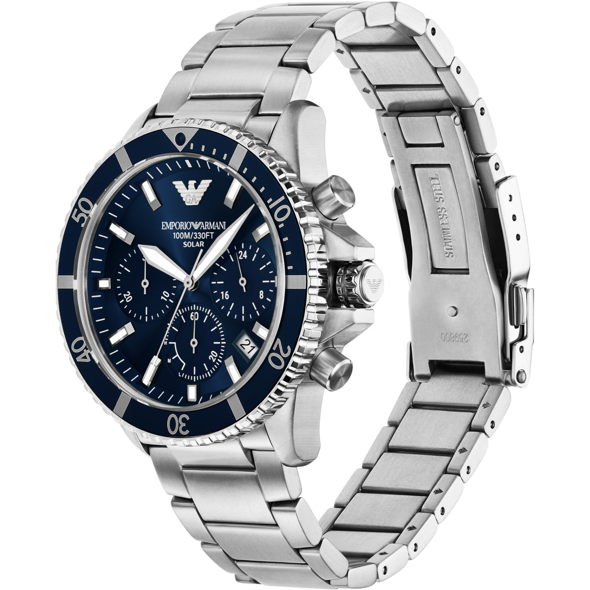 Side angle of the Emporio Armani World Explorer AR11681 watch featuring the blue diver bezel and open stainless steel bracelet
