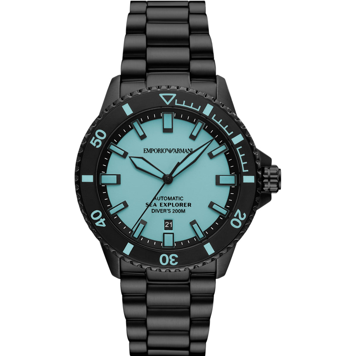 Emporio Armani Sea Explorer AR60084 mens automatic watch with a blue dial, black case, and black stainless steel bracelet